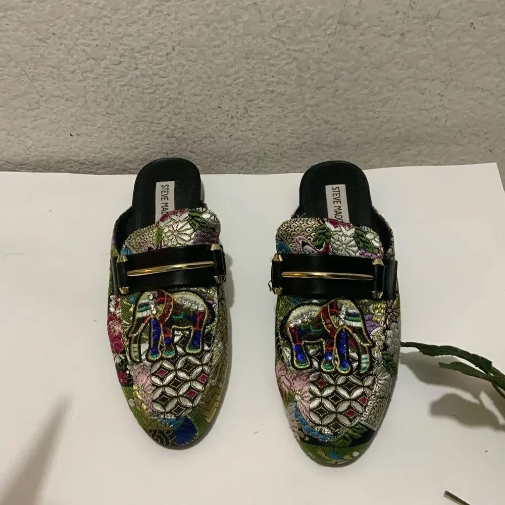 Steve Madden Kera Slip On Mules Embroidered Elephant Floral Beaded Womens 7.5